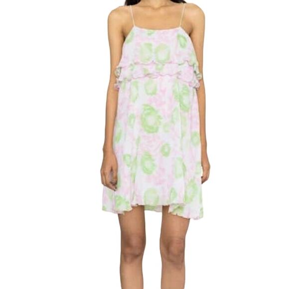 Ganni Dress ruffle trim graphic print pink green size 42 (10 12) - Picture 1 of 7